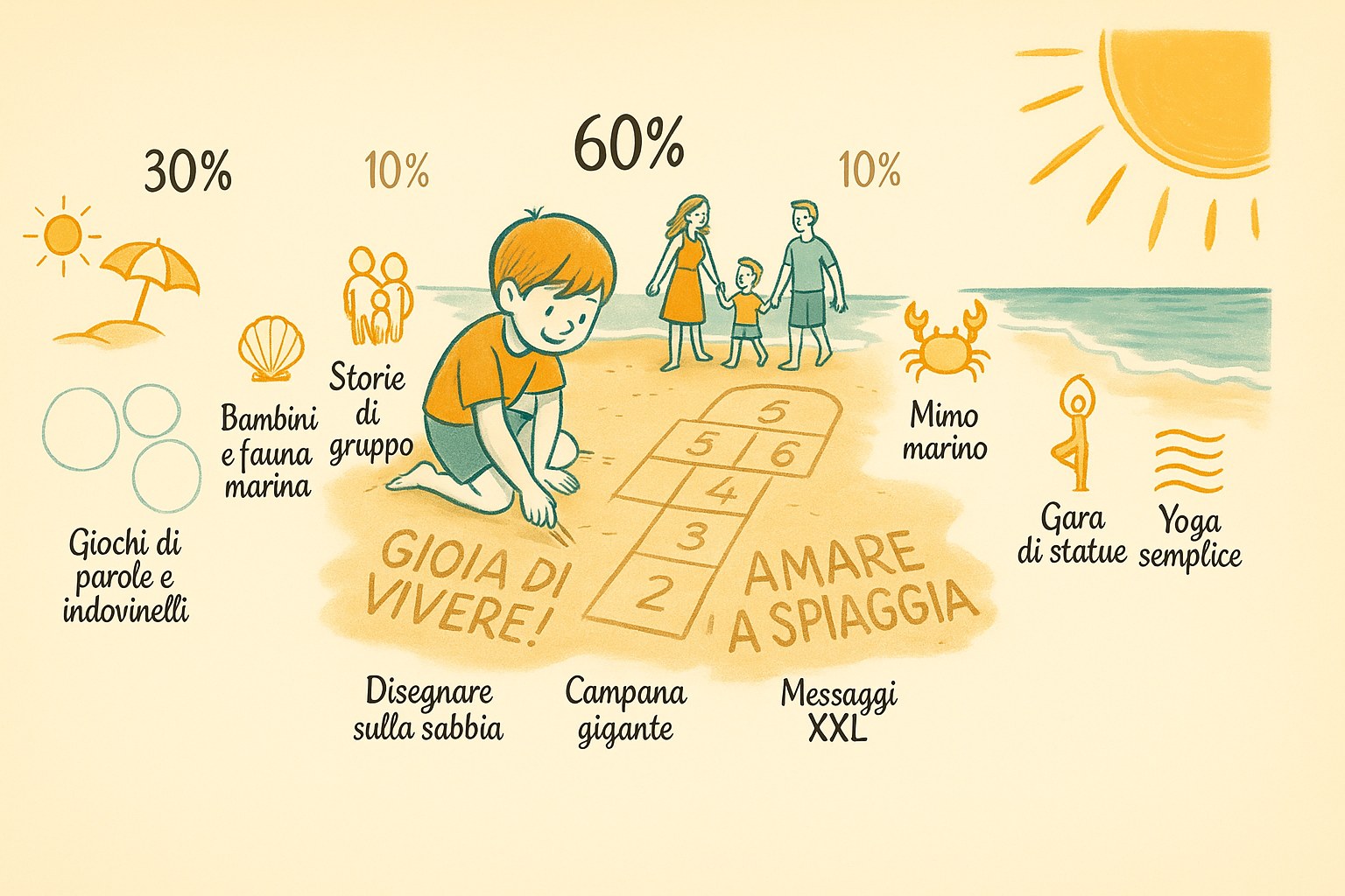 Guida illustrata alle attivita di spiaggia per bambini: giochi di parole, storie di gruppo, campana gigante, mimo marino e yoga semplice