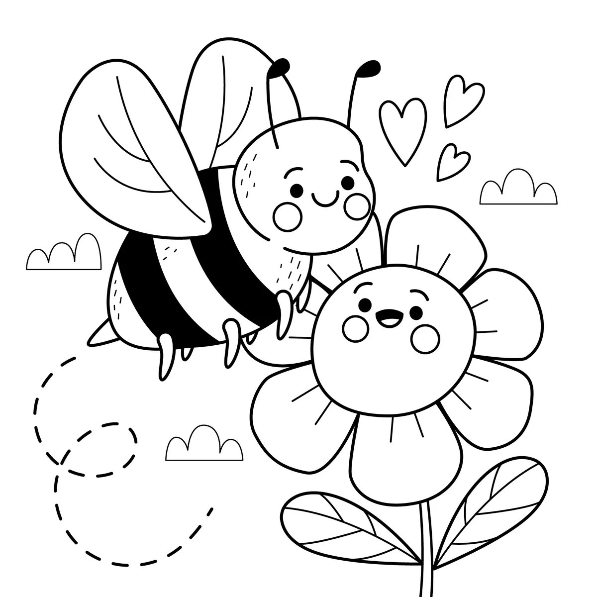 Disegno di ape kawaii e fiore sorridente amici con piccoli cuori da stampare