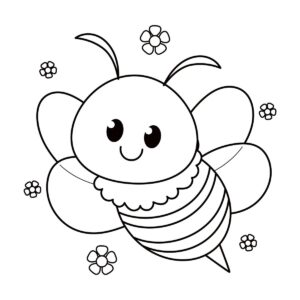 Smiling kawaii bee with little flowers colouring page to print