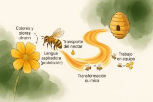 Abeja pecoreadora recogiendo el néctar de una flor para hacer miel