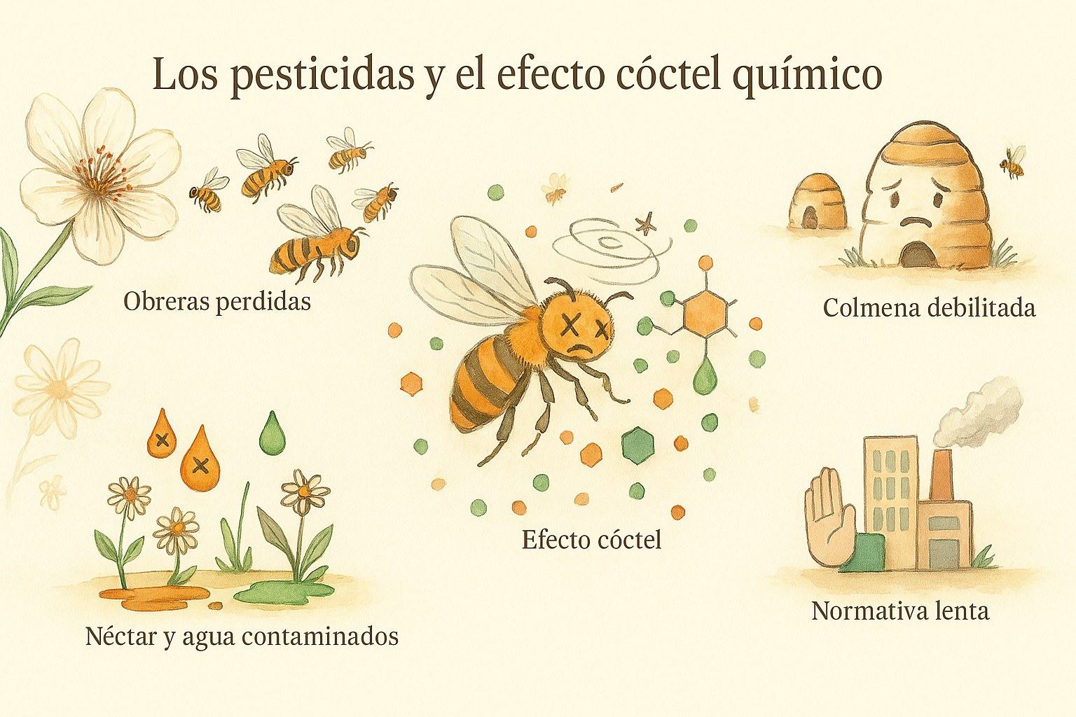 Infografía sobre los pesticidas y el efecto cóctel químico en las abejas, con una abeja desorientada rodeada de moléculas químicas