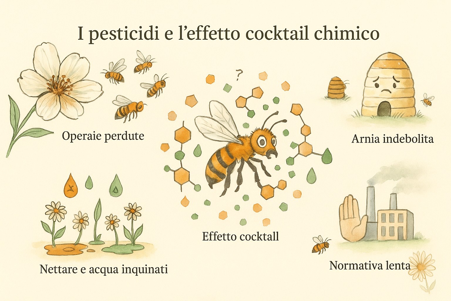 Infografica sui pesticidi e l'effetto cocktail chimico sulle api, con un'ape disorientata circondata da molecole chimiche