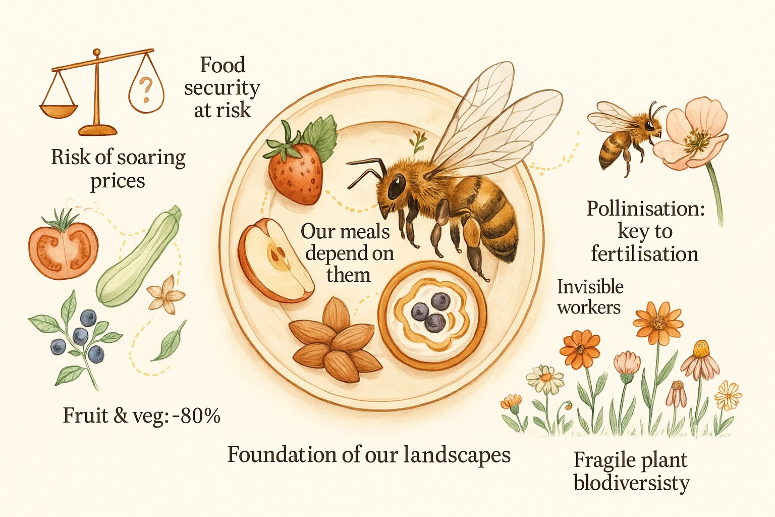 Infographic showing how bees support our food, with a bee, a plate of fruit and labels about food security and pollination