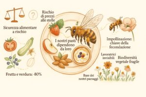 Infografica che mostra come le api sostengono la nostra alimentazione, con un'ape, un piatto di frutta ed etichette sulla sicurezza alimentare e l'impollinazione