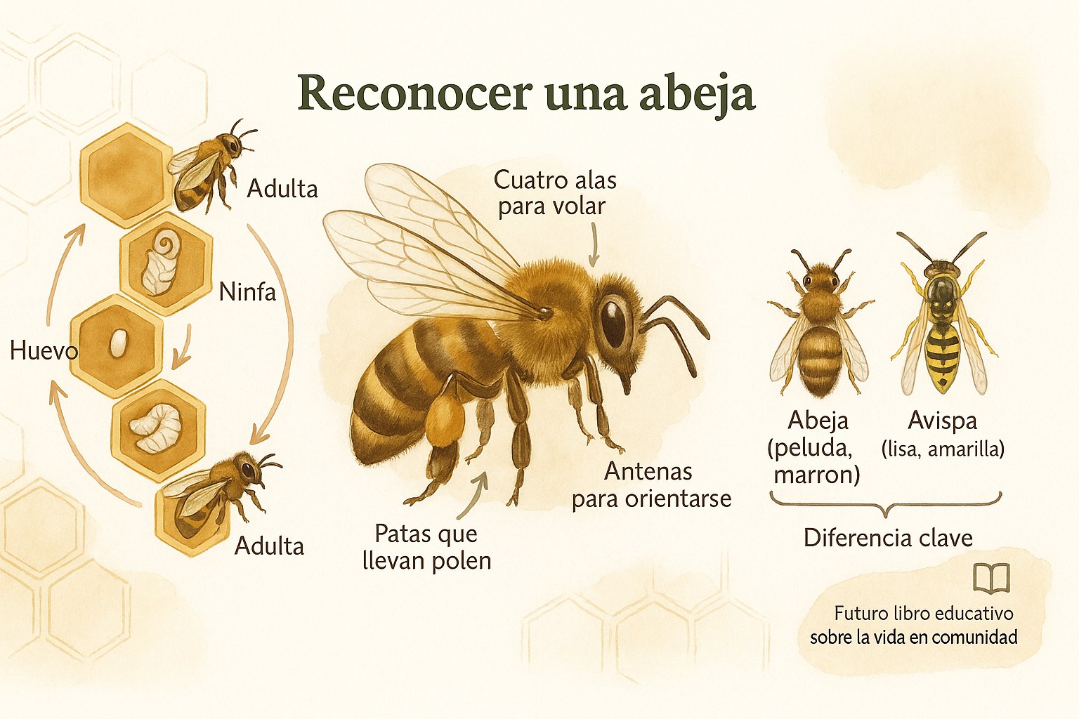 Infografía que muestra cómo reconocer una abeja, su ciclo de vida y su diferencia con la avispa