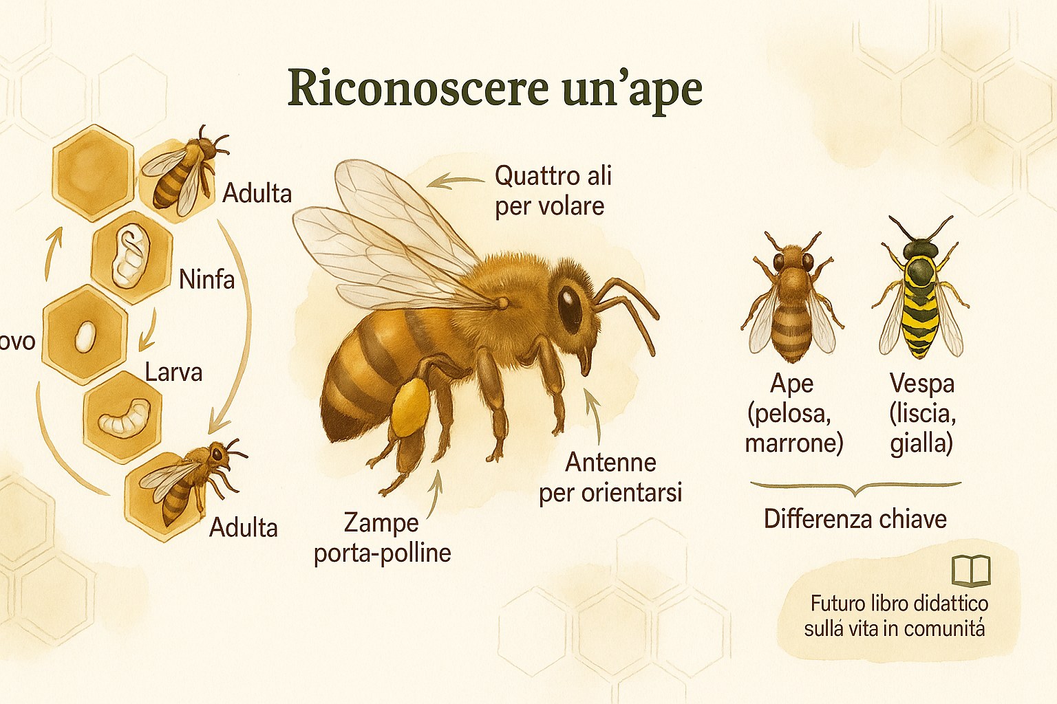 Infografica che mostra come riconoscere un'ape, il suo ciclo di vita e la differenza con la vespa