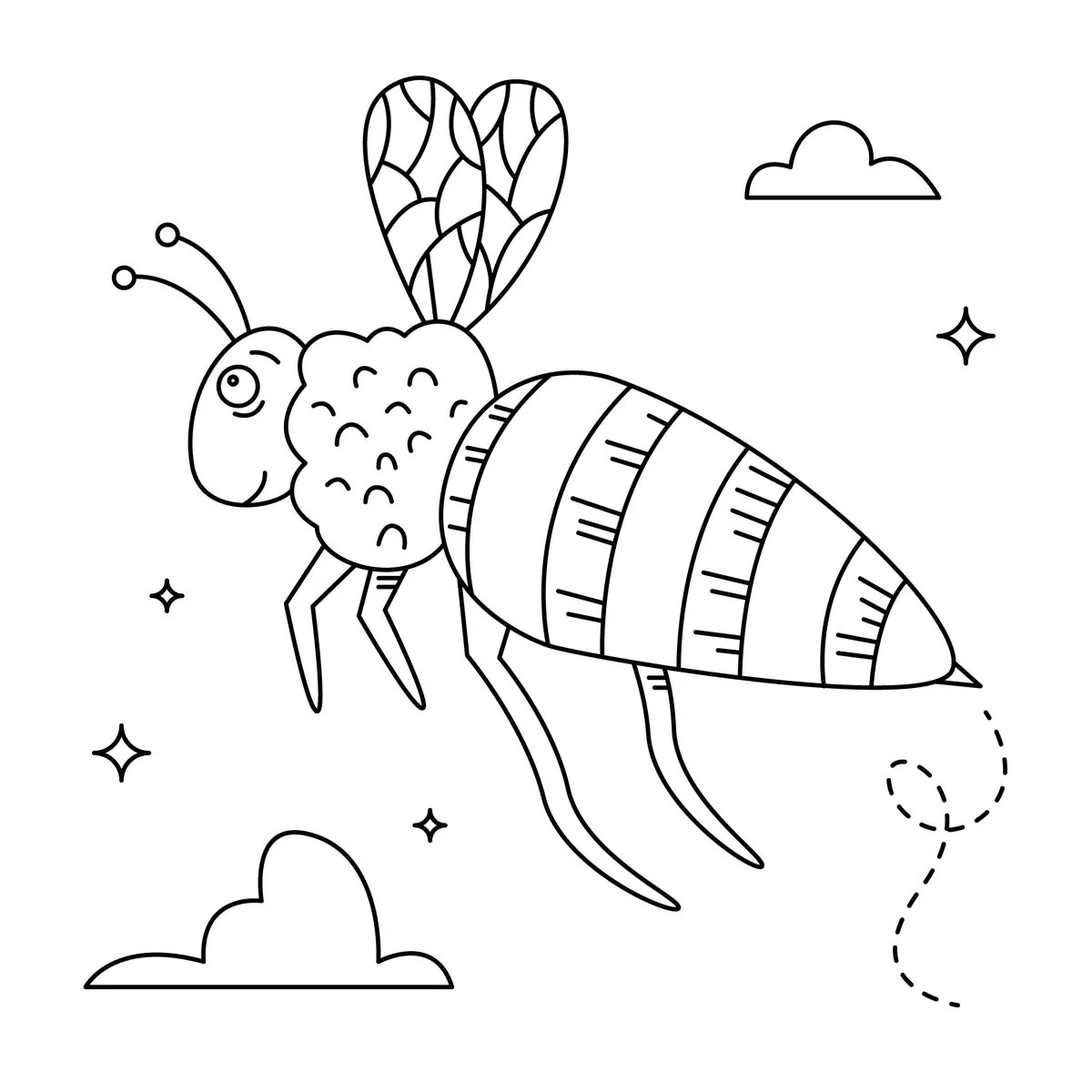 Disegno di ape stilizzata che vola nel cielo con nuvole e stelle da stampare
