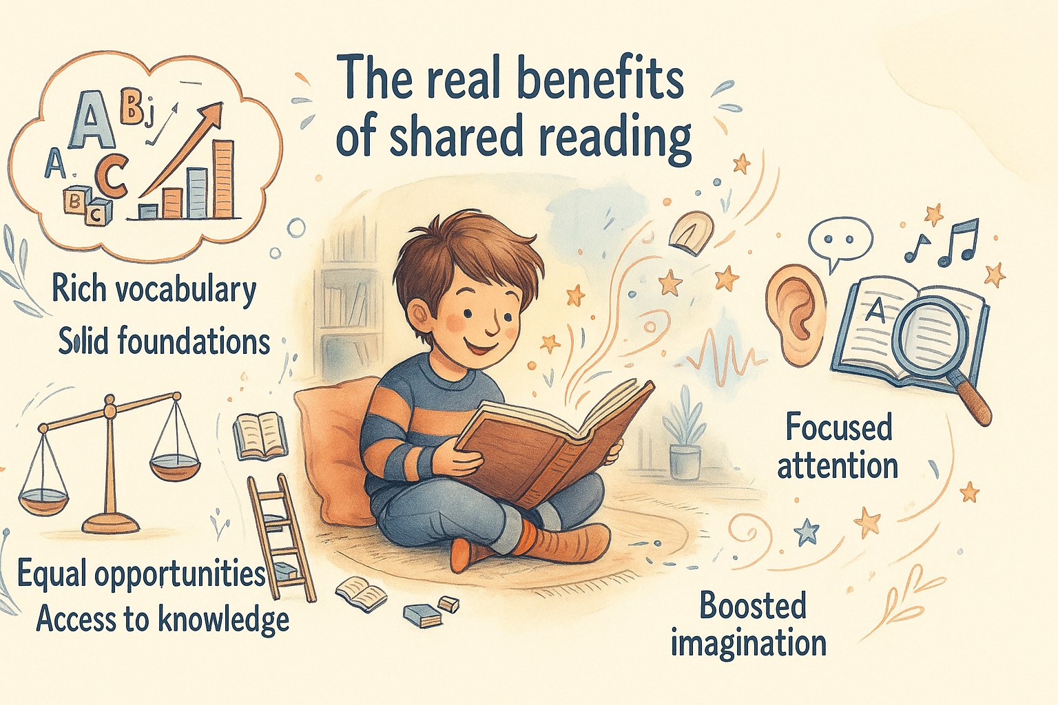 A mother and child reading a book together to spark the imagination