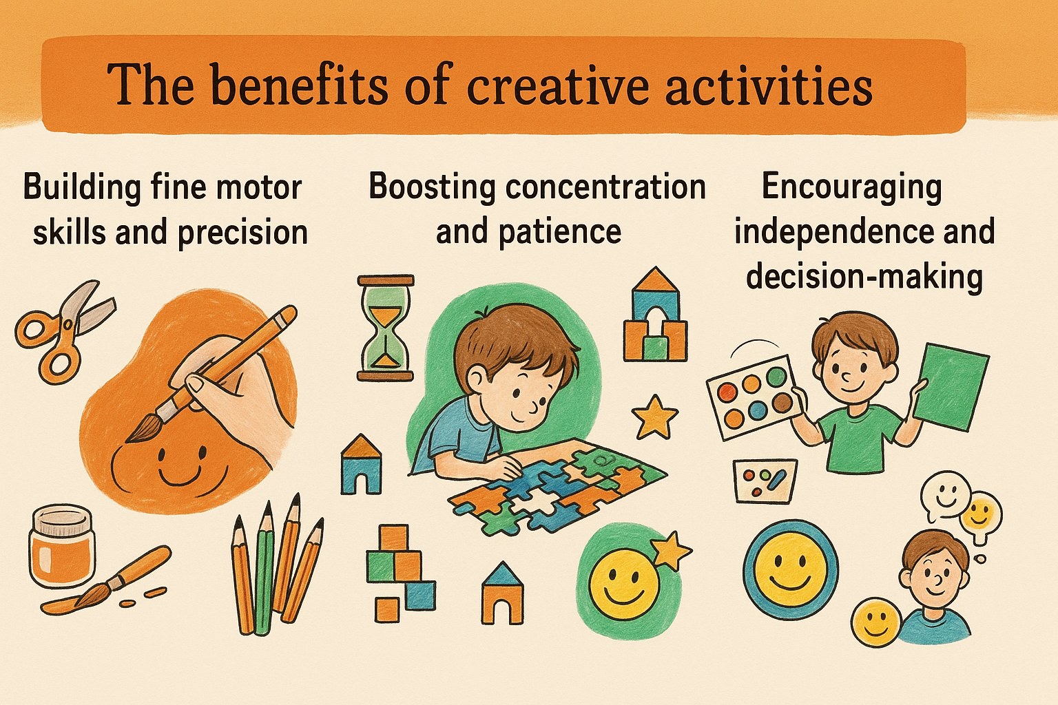 Infographic on the benefits of creative activities for children: fine motor skills, concentration and independence, labelled in English