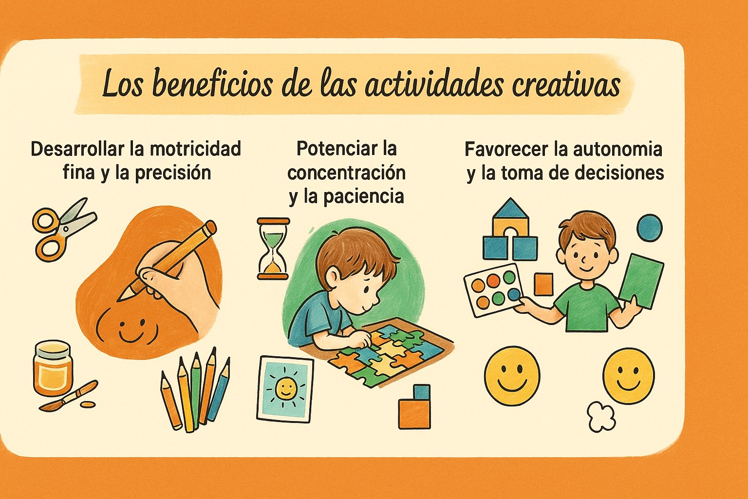 Infografía sobre los beneficios de las actividades creativas para niños: motricidad fina, concentración y autonomía, con etiquetas en español