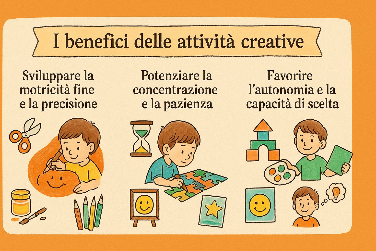 Infografica sui benefici delle attività creative per i bambini: motricità fine, concentrazione e autonomia, con etichette in italiano