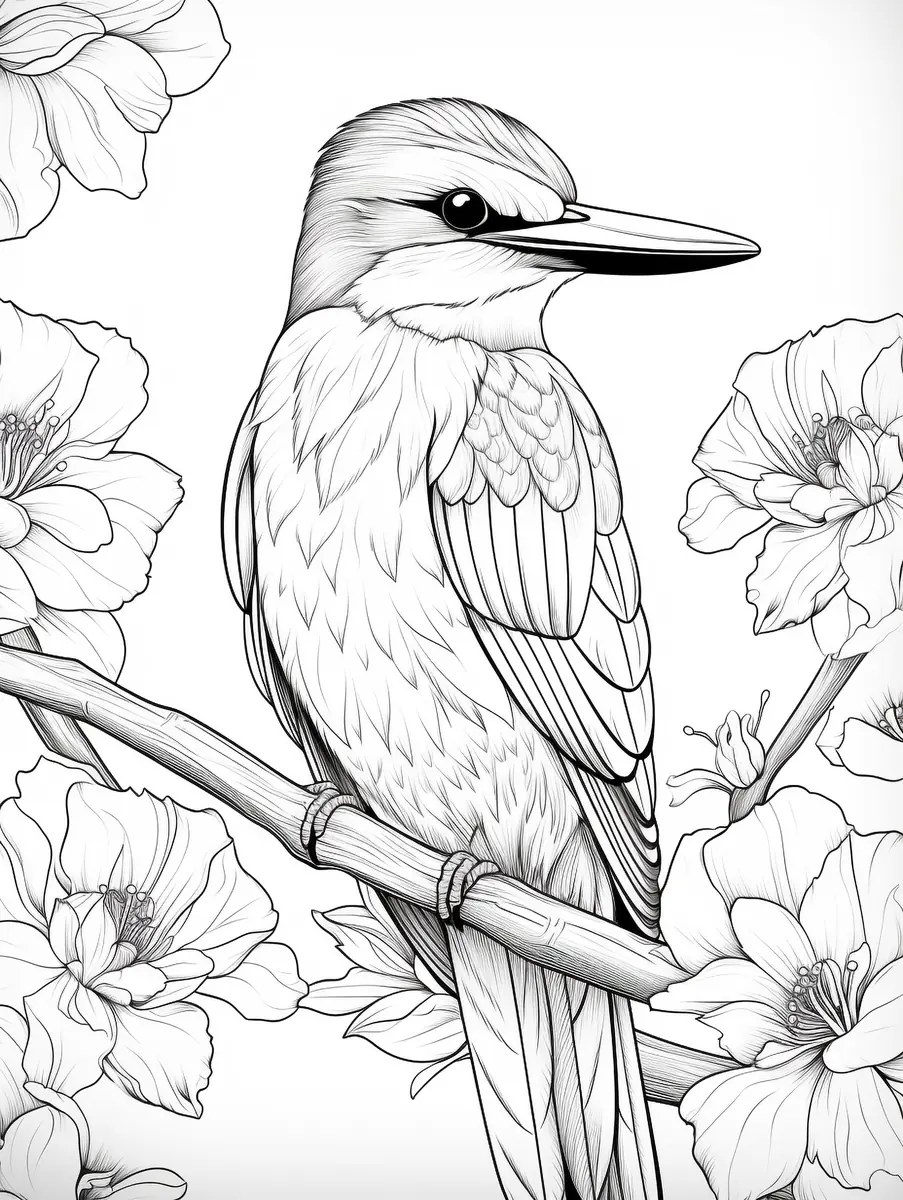 Long-beaked kingfisher on a flowery bamboo colouring page to print