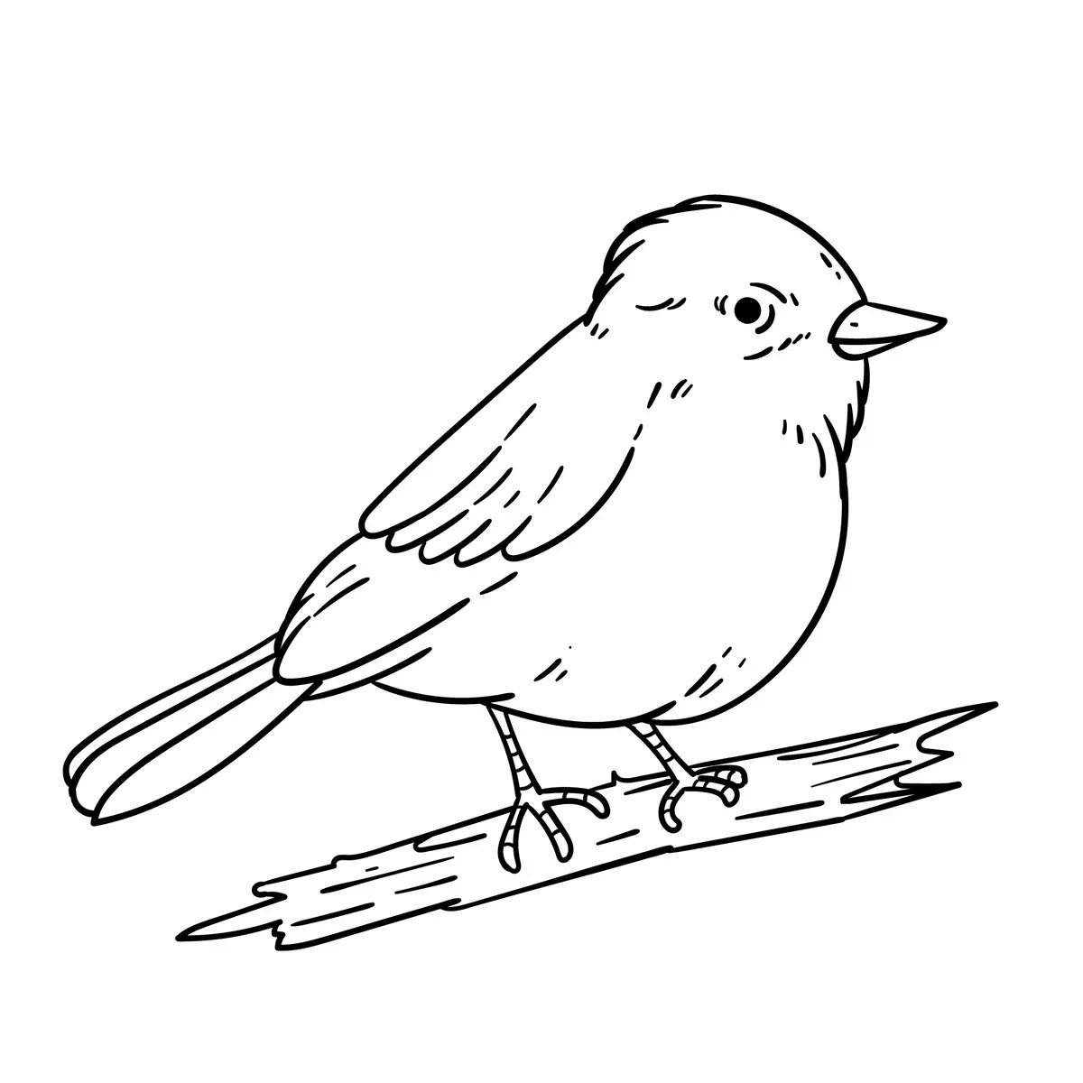 Round little bird with simple lines on a branch colouring page to print
