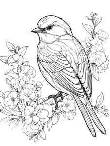 Realistic songbird on a flowery branch colouring page to print