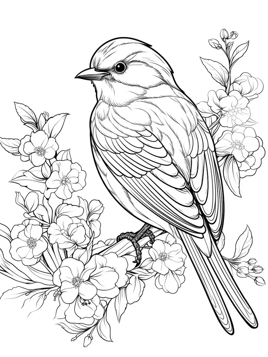Realistic songbird on a flowery branch colouring page to print