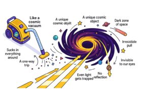 Teaching illustration of a black hole pulling in matter in space