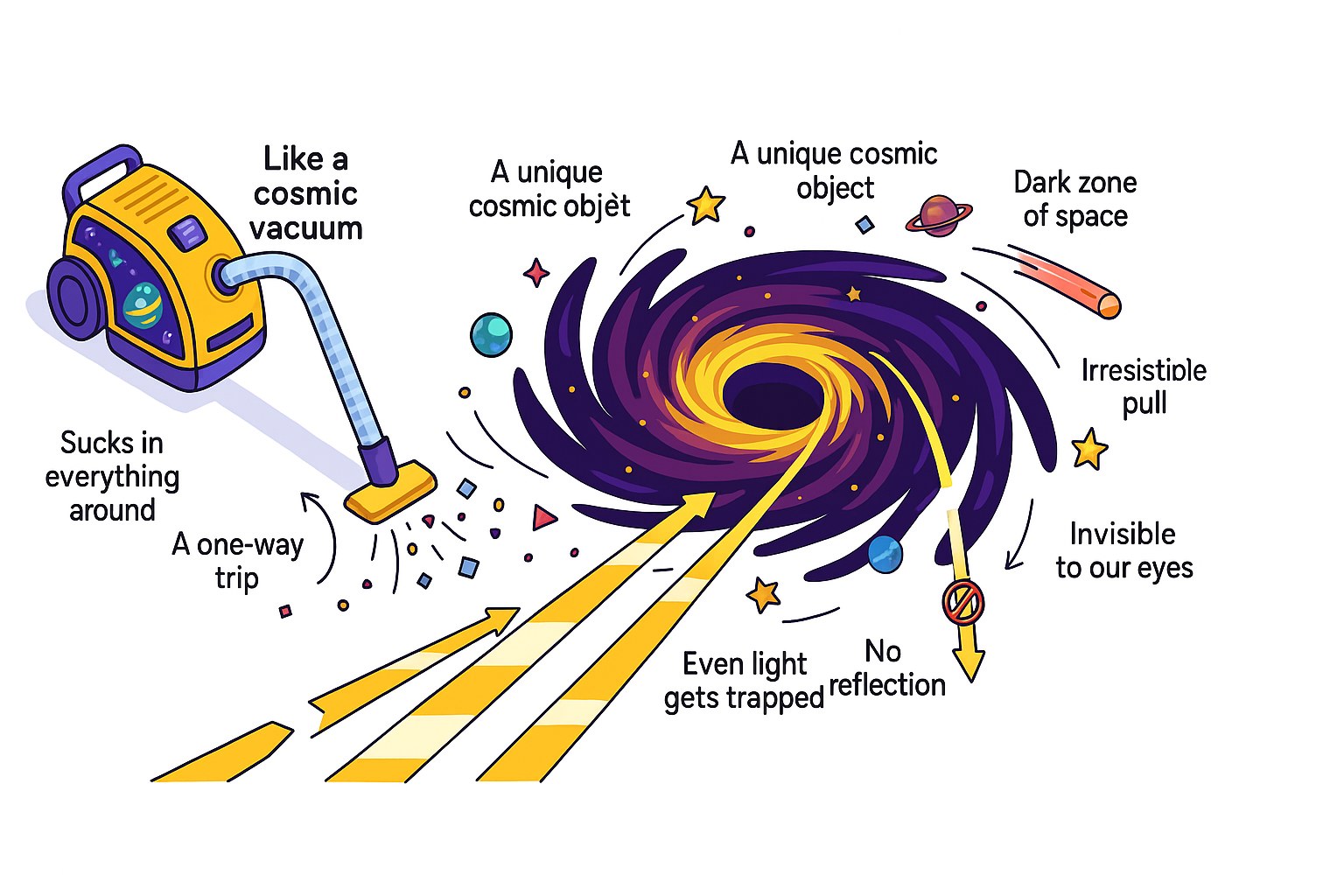 Teaching illustration of a black hole pulling in matter in space