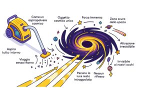 Illustrazione didattica di un buco nero che aspira la materia nello spazio