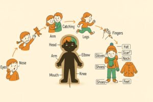 Child learning to name the parts of their body while getting dressed with a hat and shoes
