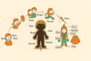 Niño que aprende a nombrar las partes de su cuerpo mientras se viste con un gorro y unos zapatos