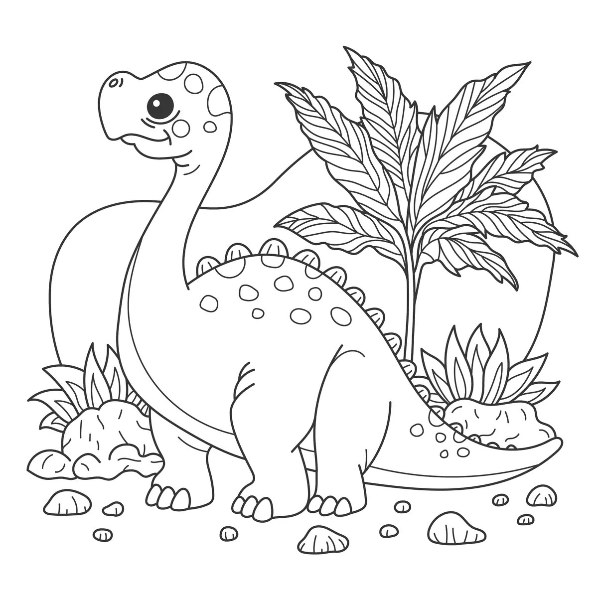 cute brachiosaurus and foliage colouring page to print