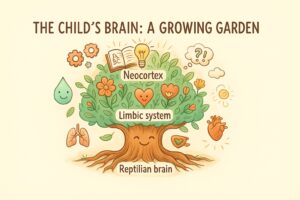 Teaching illustration of a child's brain development shown as a growing garden