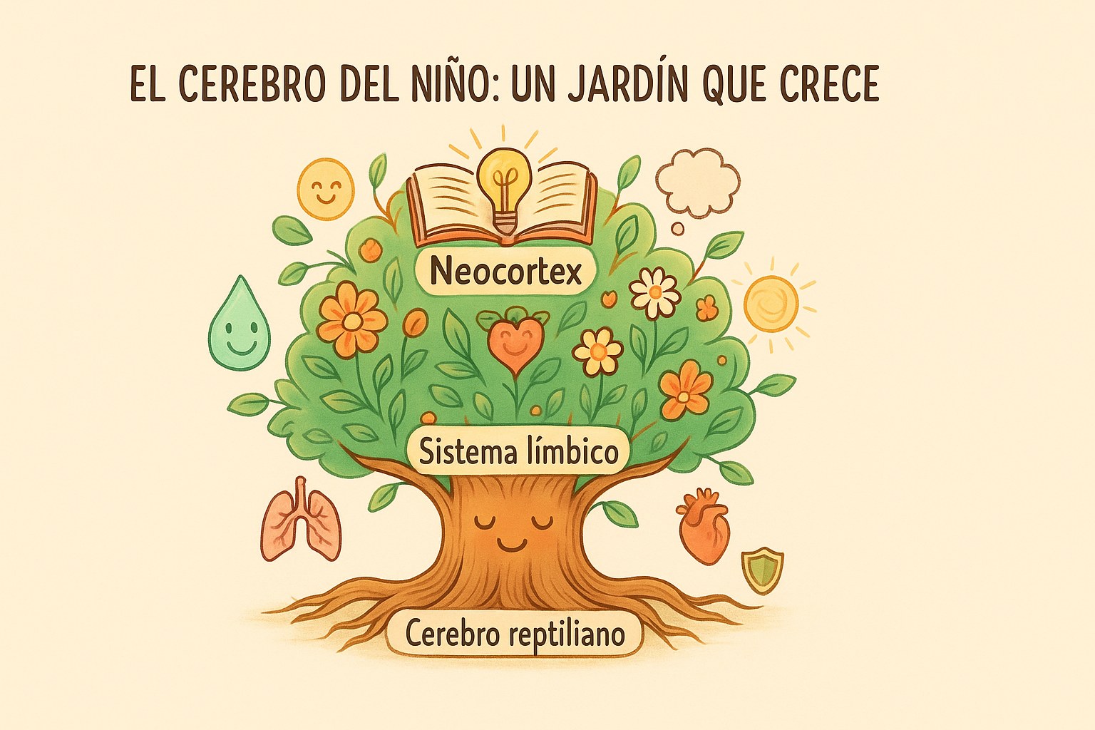 Ilustración pedagógica del desarrollo cerebral del niño como un jardín en crecimiento