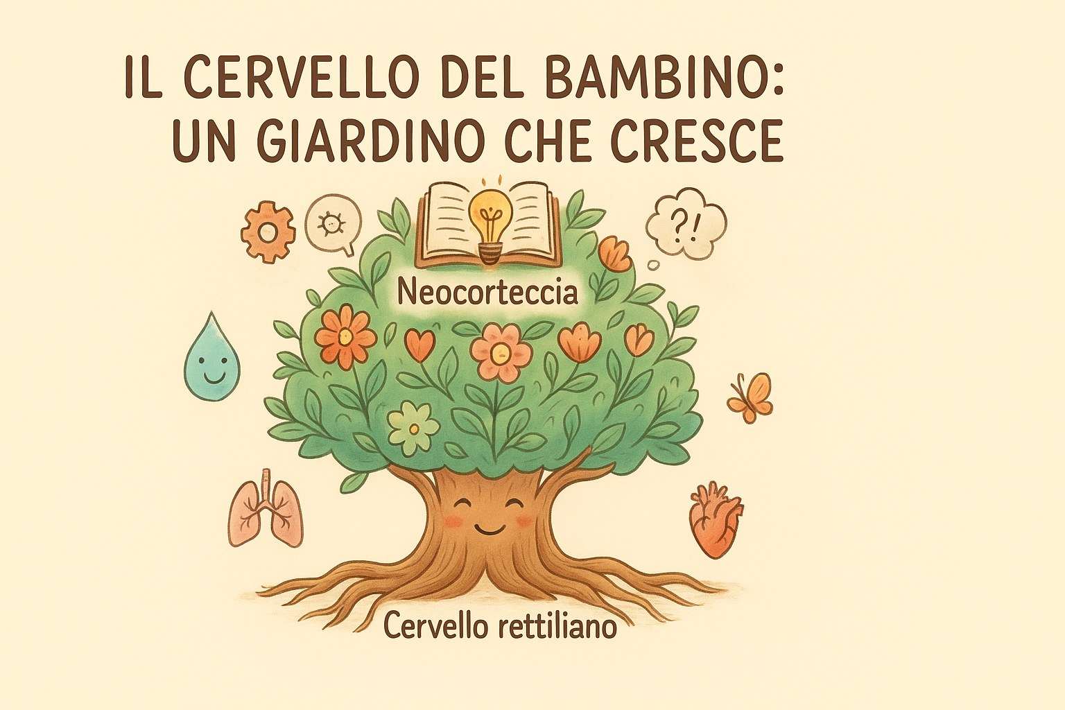 Illustrazione didattica dello sviluppo cerebrale del bambino come un giardino in crescita