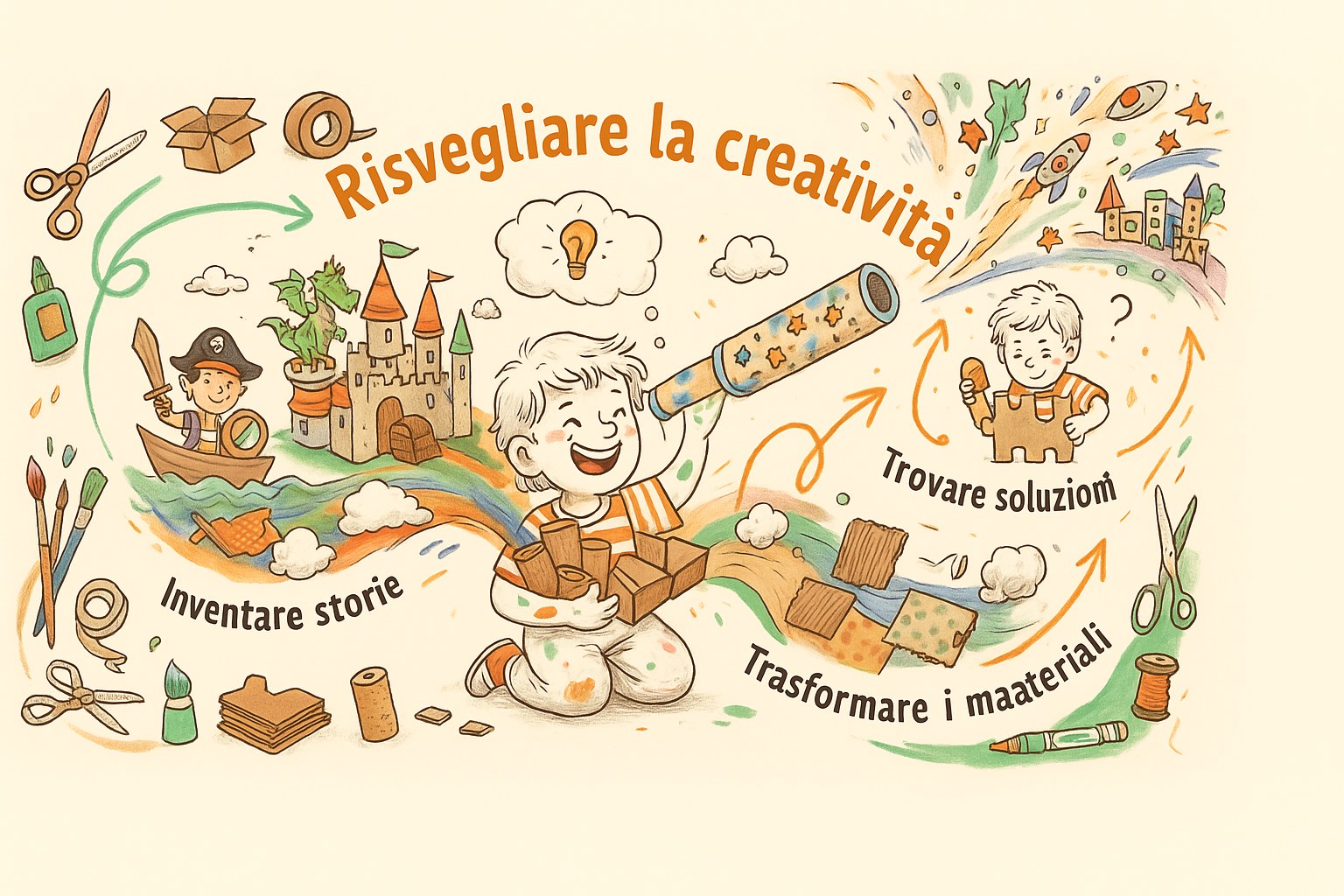 Un bambino sorridente che costruisce un oggetto con cartone e colori