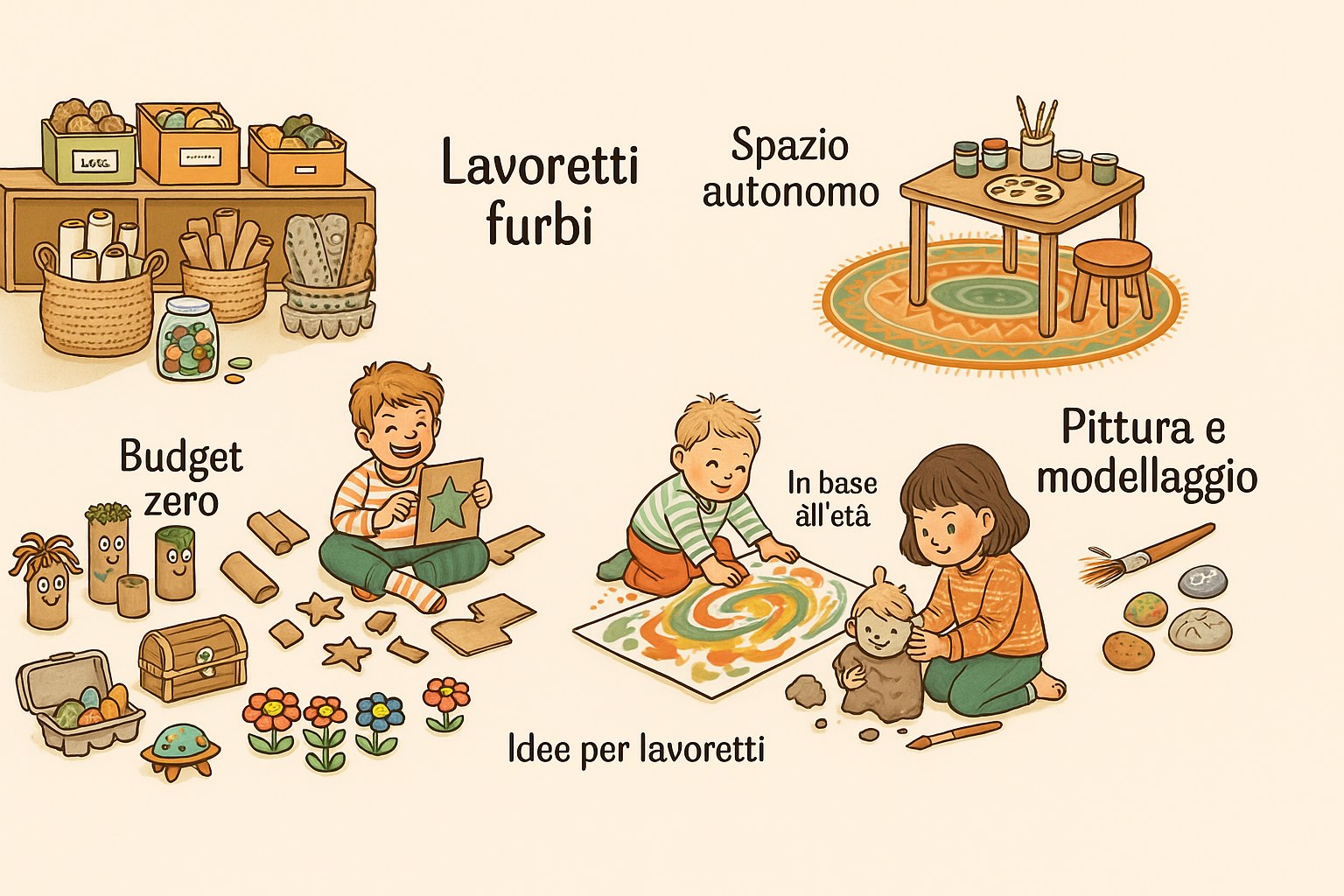 Bambini che fanno lavoretti con rotoli di cartone e colori