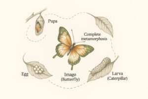 Diagram of the four stages of butterfly metamorphosis, from egg to adult