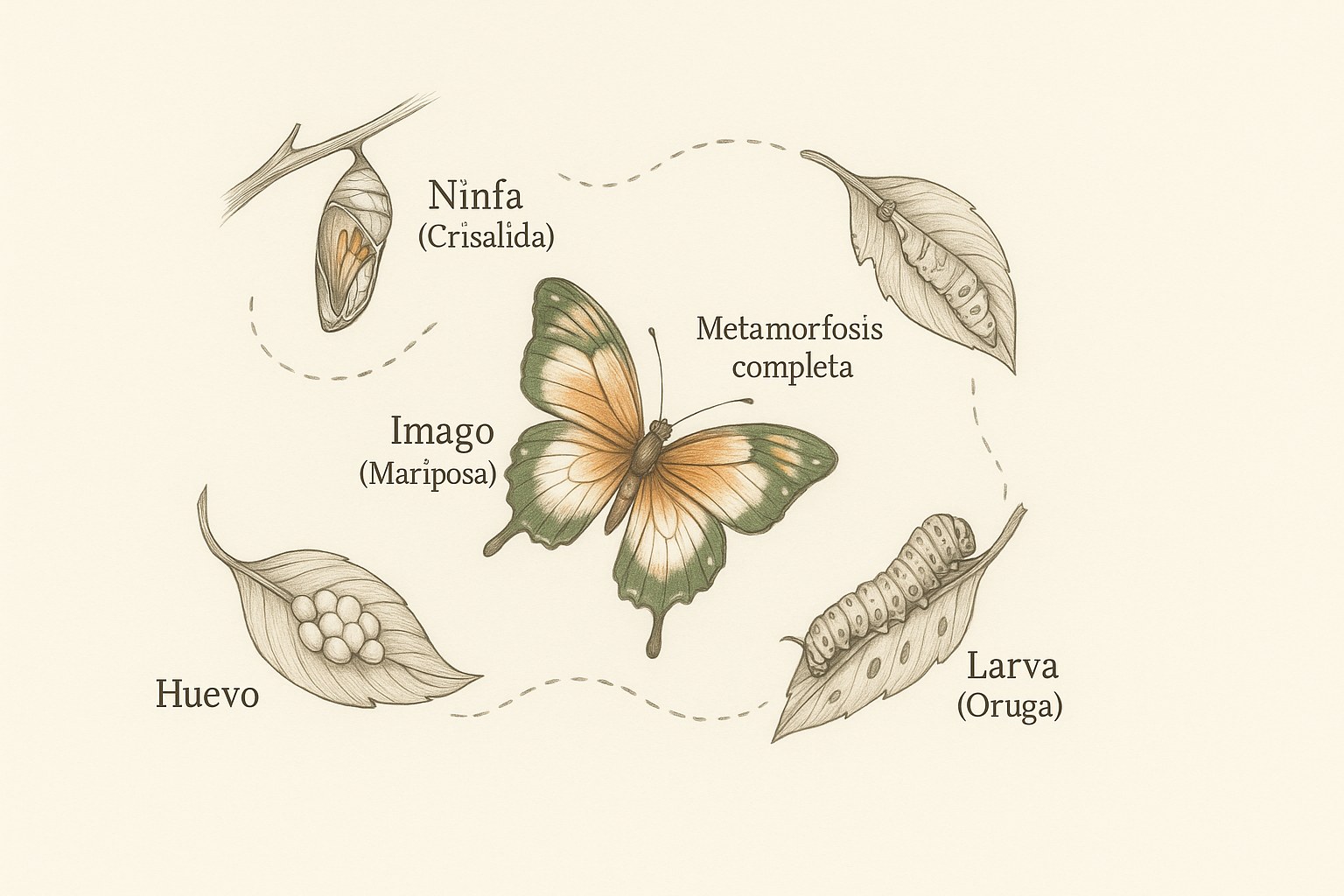 Esquema de las cuatro etapas de la metamorfosis de la mariposa, del huevo al adulto