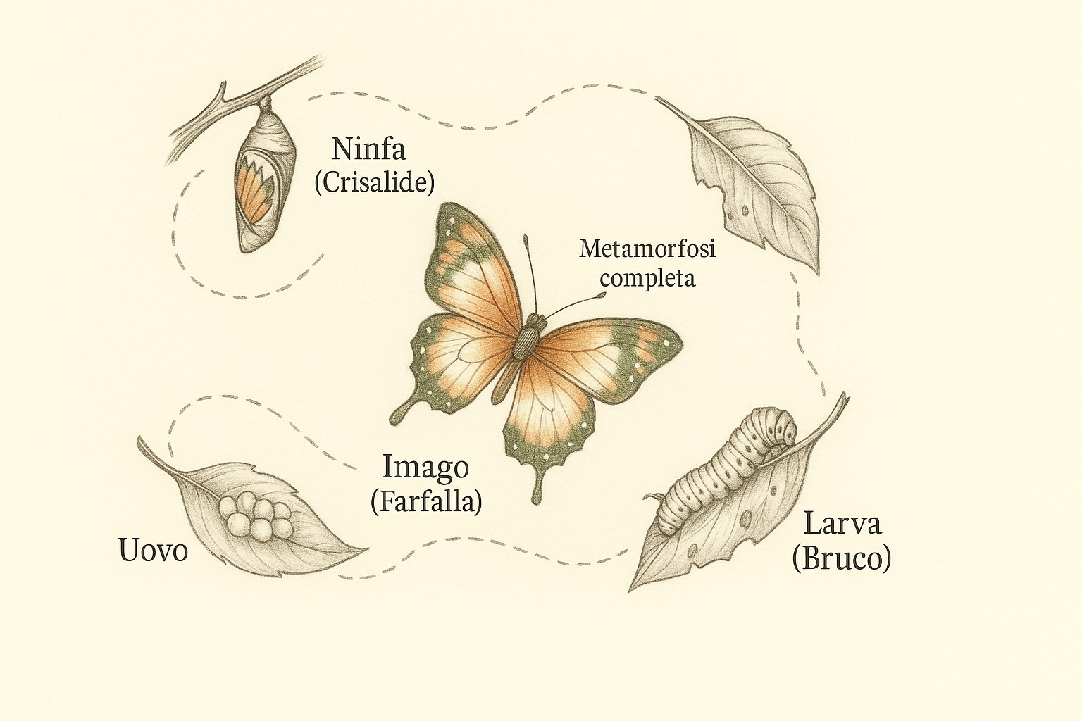 Schema delle quattro tappe della metamorfosi della farfalla, dall'uovo all'adulto