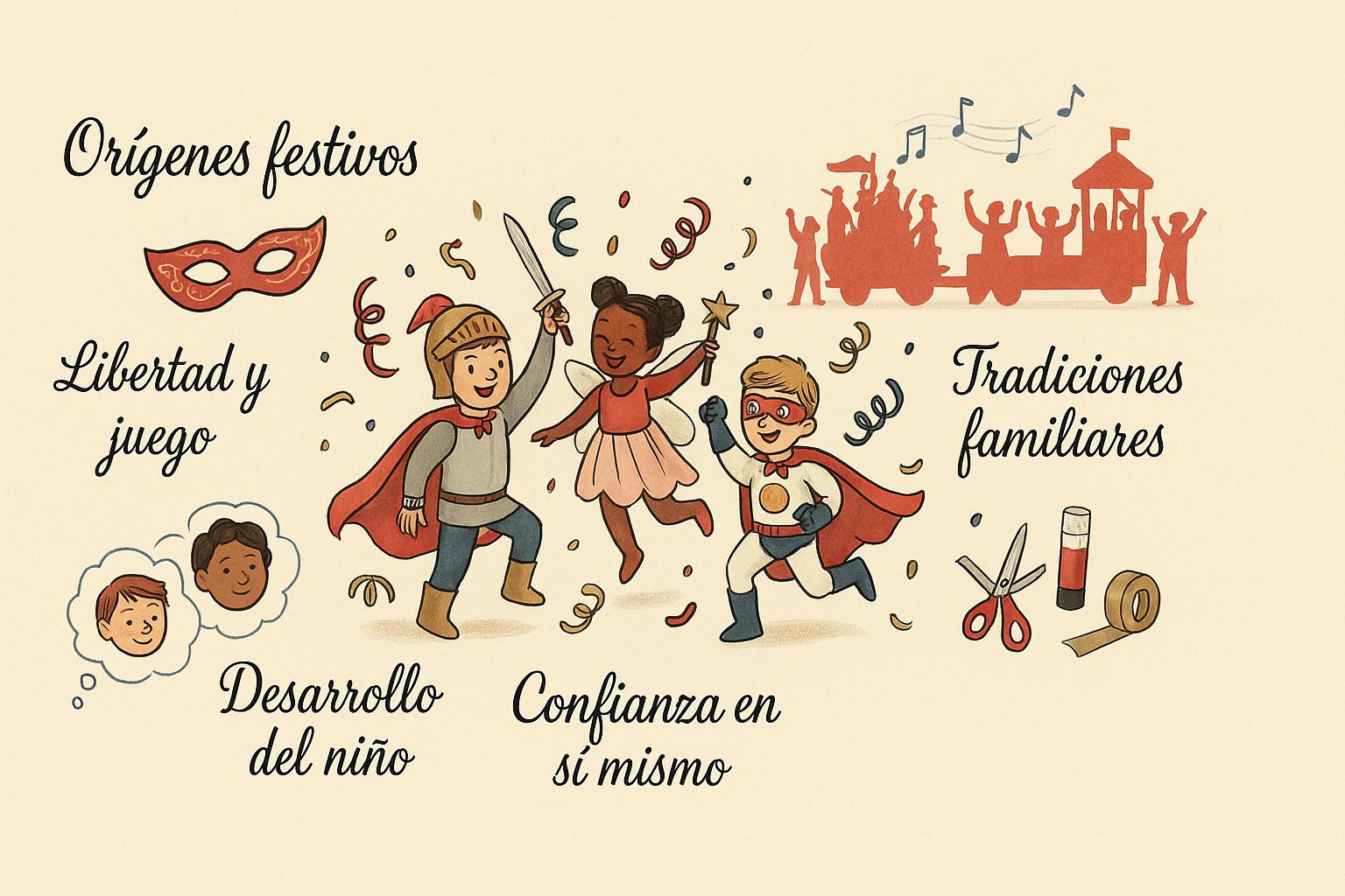 Ninos con disfraces de colores celebrando el Carnaval juntos en familia