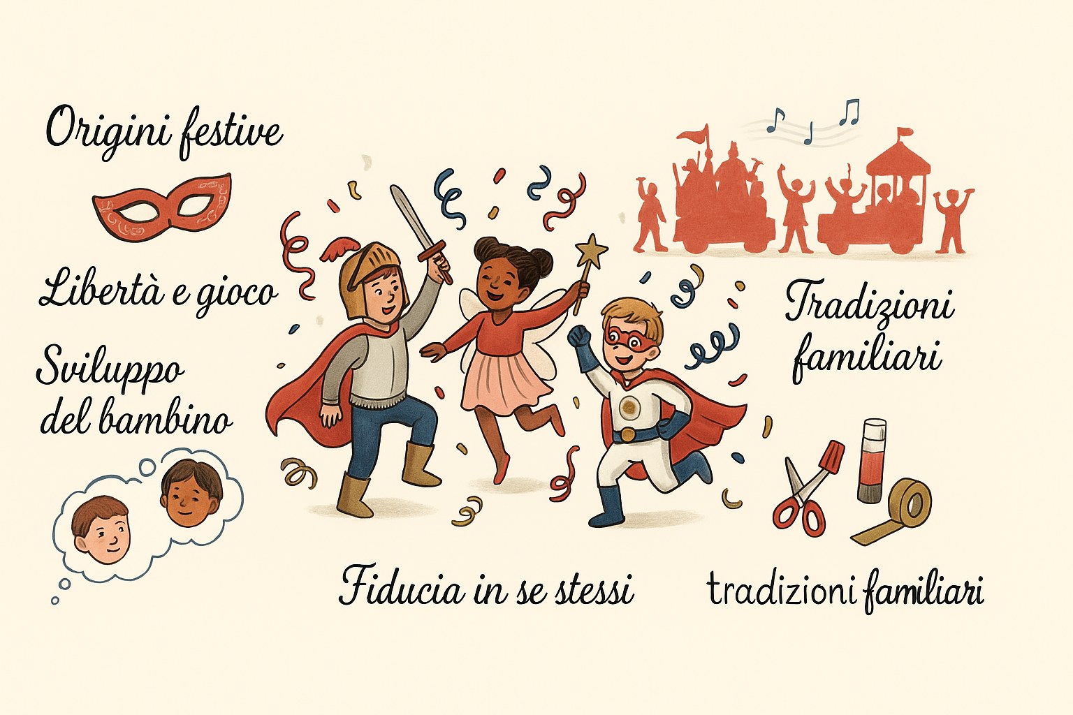 Bambini in costumi colorati che festeggiano il Carnevale insieme in famiglia