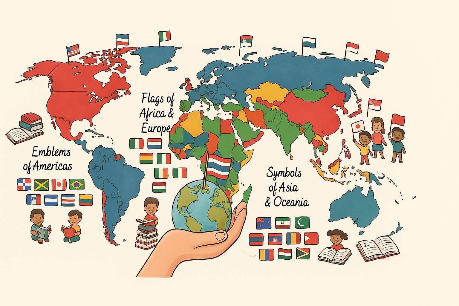 Child learning geography with colourful flag cards of the world
