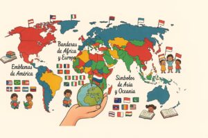Niño que aprende geografía con fichas de banderas del mundo coloridas