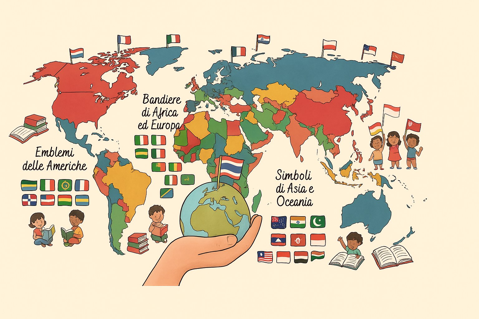 Bambino che impara la geografia con schede di bandiere del mondo colorate