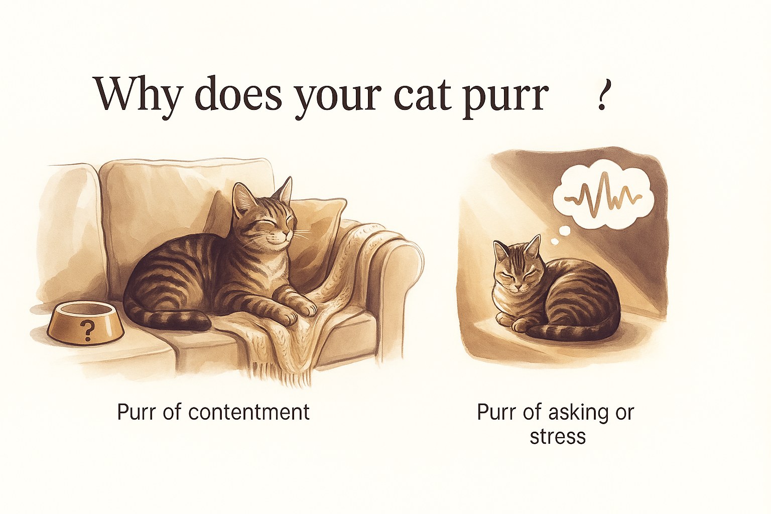 Tabby cat purring happily on a sofa: a contentment purr and an asking or stress purr