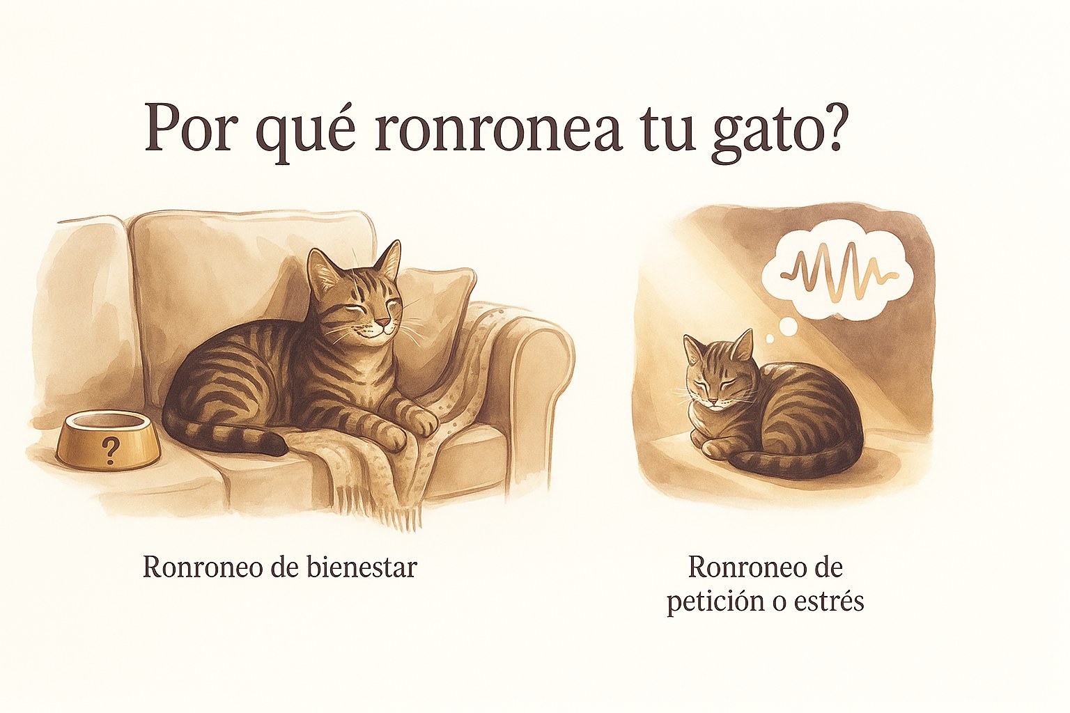 Gato atigrado ronroneando feliz en un sofa: ronroneo de bienestar y ronroneo de peticion o estres