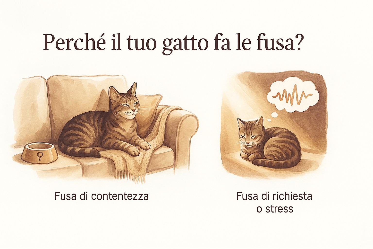 Gatto tigrato che fa le fusa felice su un divano: fusa di contentezza e fusa di richiesta o stress