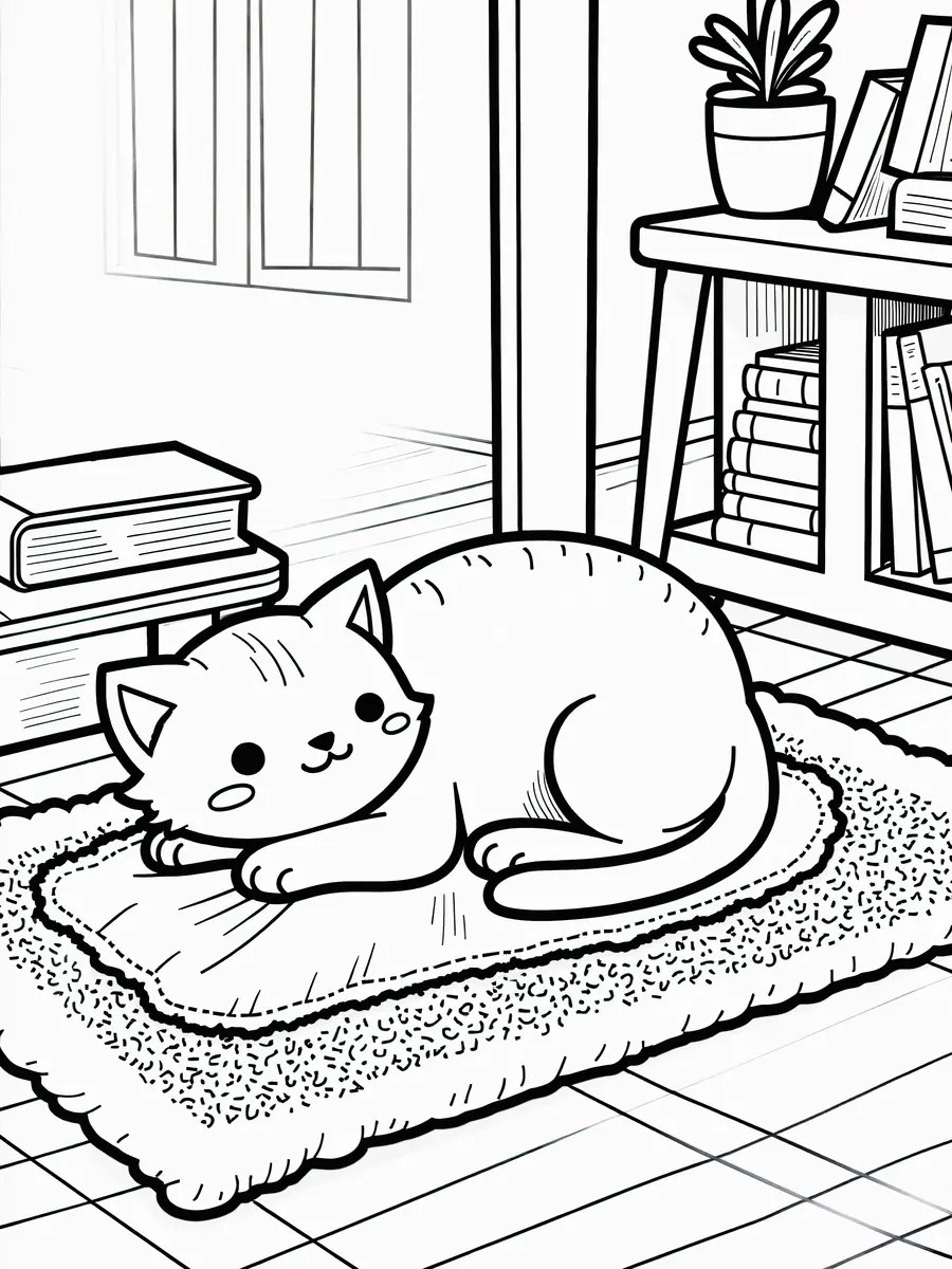 Cat lying on a rug in front of a bookcase colouring page to print
