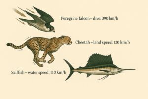 Illustration of nature's speed champions: a peregrine falcon, a cheetah and a sailfish with their top speeds