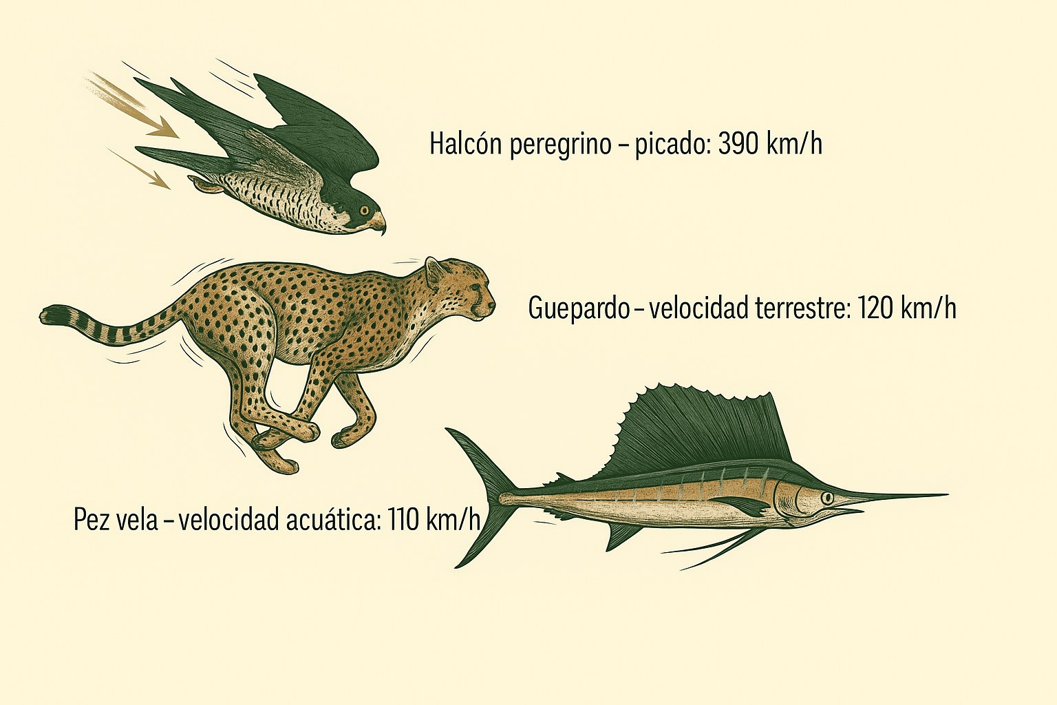 Ilustracion de los campeones de velocidad de la naturaleza: un halcon peregrino, un guepardo y un pez vela con sus velocidades maximas