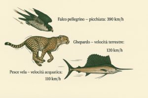 Illustrazione dei campioni di velocita della natura: un falco pellegrino, un ghepardo e un pesce vela con le loro velocita massime