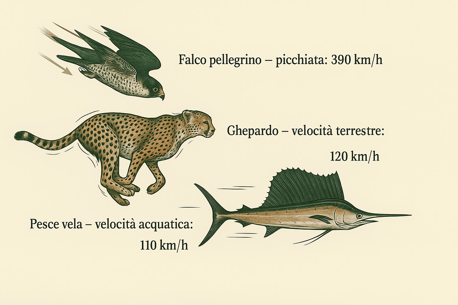 Illustrazione dei campioni di velocita della natura: un falco pellegrino, un ghepardo e un pesce vela con le loro velocita massime