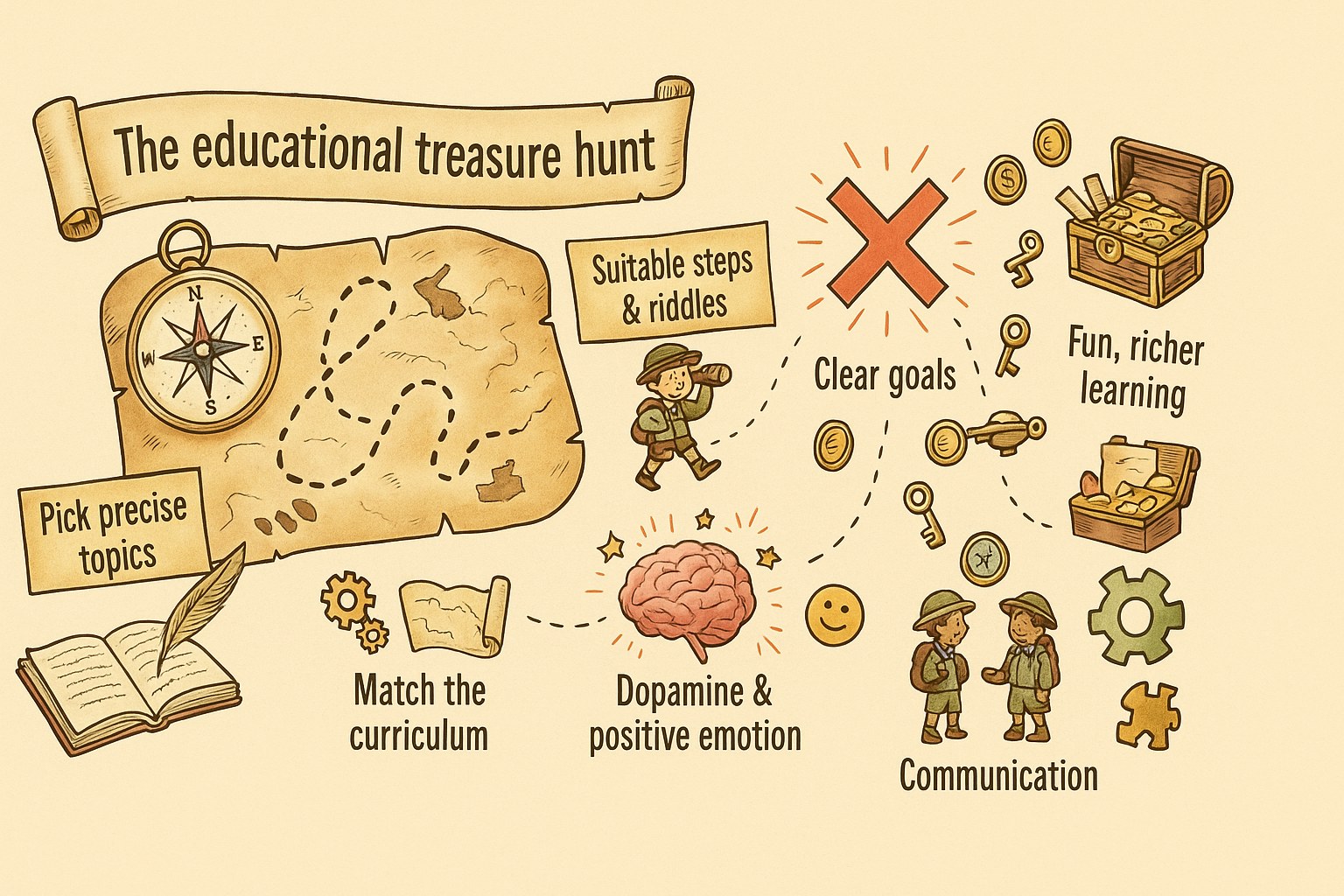 Infographic showing how to organise a successful educational treasure hunt with riddles and a treasure