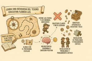 Infografía que muestra cómo organizar una búsqueda del tesoro educativa con enigmas y un tesoro
