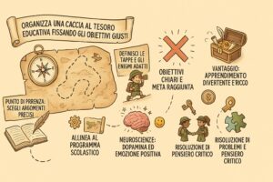 Infografica che mostra come organizzare una caccia al tesoro educativa con enigmi e un tesoro