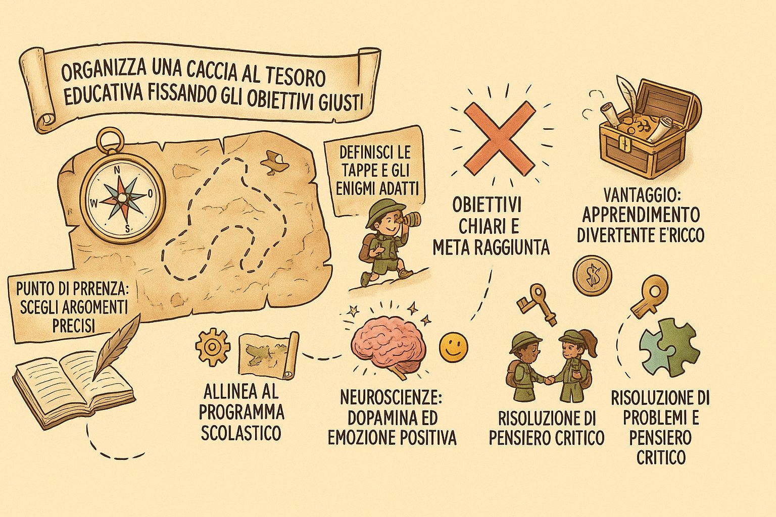 Infografica che mostra come organizzare una caccia al tesoro educativa con enigmi e un tesoro